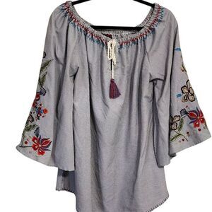 Avani Top L Gray White Gingham Embroidered Floral Flare Sleeve Western Boho